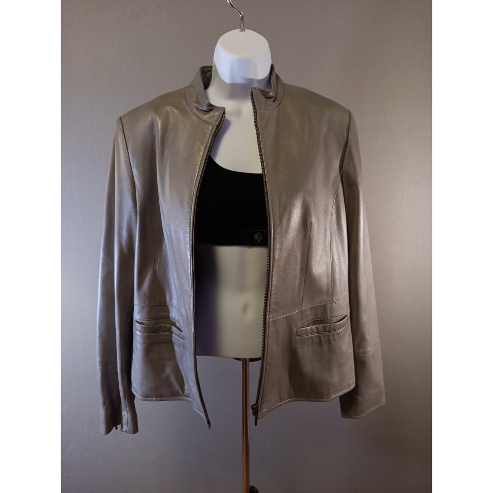 Alfani Petite Genuine Leather Jacket Women's M Taupe Full Zip Stand Collar Y2K‎